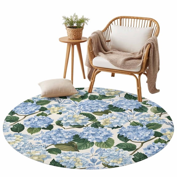 Blue Flower Hydrangea Green Leaf Area Rug for Bedroom Living Room Rug 3ft, Soft Sponge Cushioned Non-Slip Washable Round Rugs, Watercolor Floral Round Rugs for Dining Room Office Nursery Home
