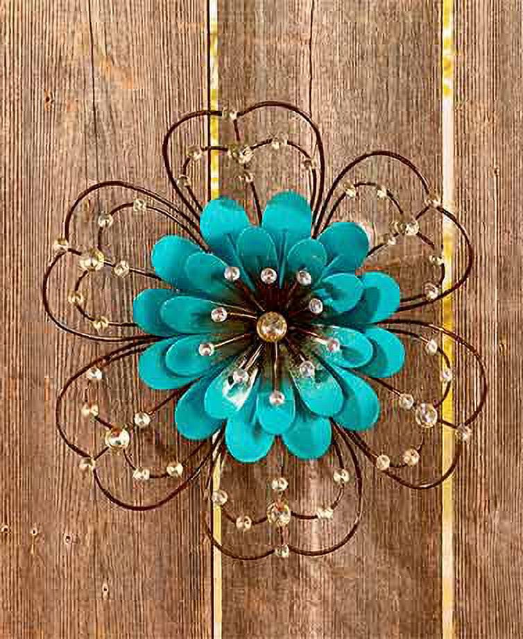 Blue Flower Jeweled Metal Wall Art