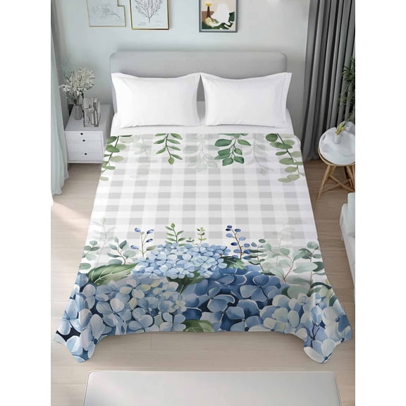Blue Flower King Size Flat Sheet, Wrinkleproof & Fadeproof Cooling Flat Bed Sheet Only, Grey Plaid Hydrangeas Eucalyptus Leaves Breathable Soft Bedding Top Sheets 105 x 98 Inches