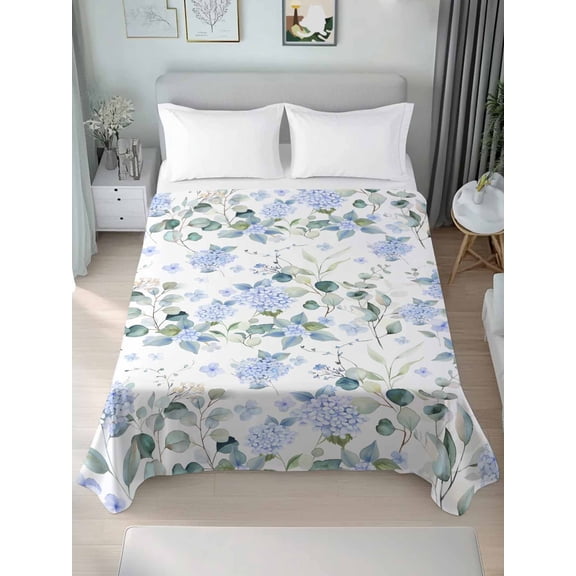 Blue Flower King Size Flat Sheet, Wrinkleproof & Fadeproof Cooling Flat Bed Sheet Only, Sage Green Eucalyptus Leaf Farmhouse Country Breathable Soft Bedding Top Sheets 105 x 98 Inches