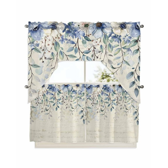 Blue Flower Kitchen Curtain and Valance Set 3 Pieces,Rod Pocket Short Tier Curtains 24 Inch Length,Farmhouse Eucalyptus Retro Country Plant Swag Topper Small Window Treatment for Cafe Bathroom