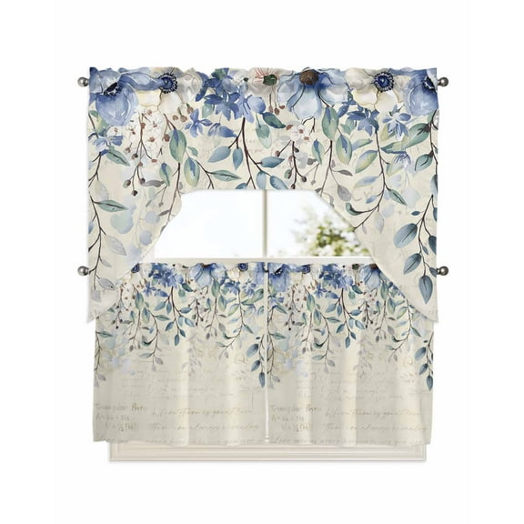 Blue Flower Kitchen Curtain and Valance Set 3 Pieces,Rod Pocket Short Tier Curtains 24 Inch Length,Farmhouse Eucalyptus Retro Country Plant Swag Topper Small Window Treatment for Cafe Bathroom