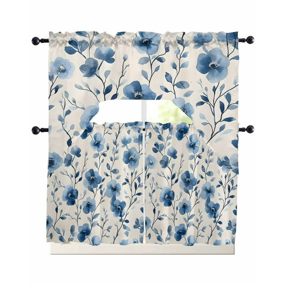 Blue Flower Kitchen Curtains Sets 36 Inch Length with Valance, Watercolor Floral Botanicals Tree Branch Swag Valances and Tiers Curtain Set Drapes Swag Curtains for Living Room, Bathroom, Bedroom