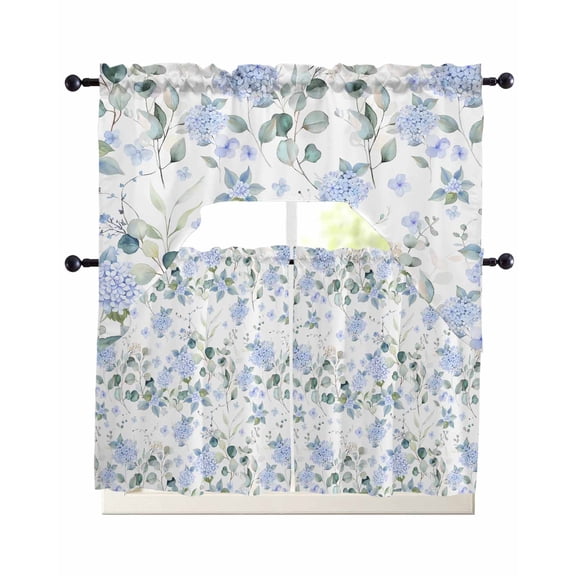 Blue Flower Kitchen Curtains Swag Valance and Tier Curtains Set 24 Inch Length, Sage Green Eucalyptus Leaf Farmhouse Country Rod Pocket Drape Panels Pair Swag Curtain for Bathroom/Cafe/Window