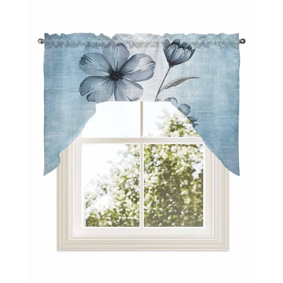 Blue Flower Kitchen Curtains Swag Valance for Windows/Bathroom/Cafe, Retro Gradient Texture Painting Plant Leaf Rod Pocket Drape Panel Swag Curtains Valance for Bedroom/Living Room 56"x36"