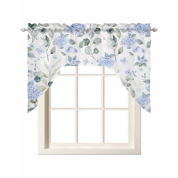 Blue Flower Kitchen Curtains Swag Valance for Windows/Bathroom/Cafe, Sage Green Eucalyptus Leaf Farmhouse Country Rod Pocket Drape Panel Swag Curtain Valance for Bedroom/Living Room 55''x36''