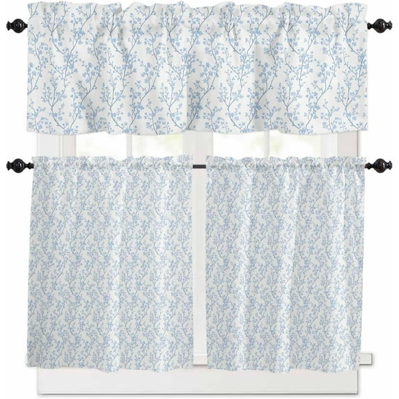Blue Flower Kitchen Curtains and Valances Set, Rod Pocket Curtains Tier Farmhouse Window Curtains 36 Inch Length, Spring Nature Botanical Wild Floral Vine 3 Piece Kitchen Curtains Set