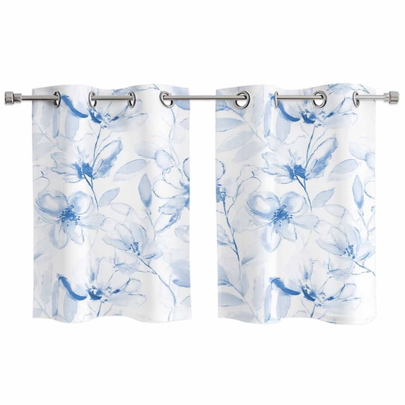 Blue Flower Kitchen Curtains Window Panels, Watercolor Floral Botanical Line Drawing Print Insulated Window Treatment Curtain, Grommet Curtains for Bedroom/Living Room/Bathroom, 2 Piece 27.5"Wx39"L