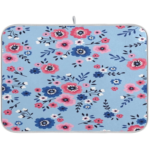 Blue Flower Kitchen Dish Drying Mat, 16'' x 18'' Super Absorbent Dish Drying Mat for Kitchen, Sink, Dining Table