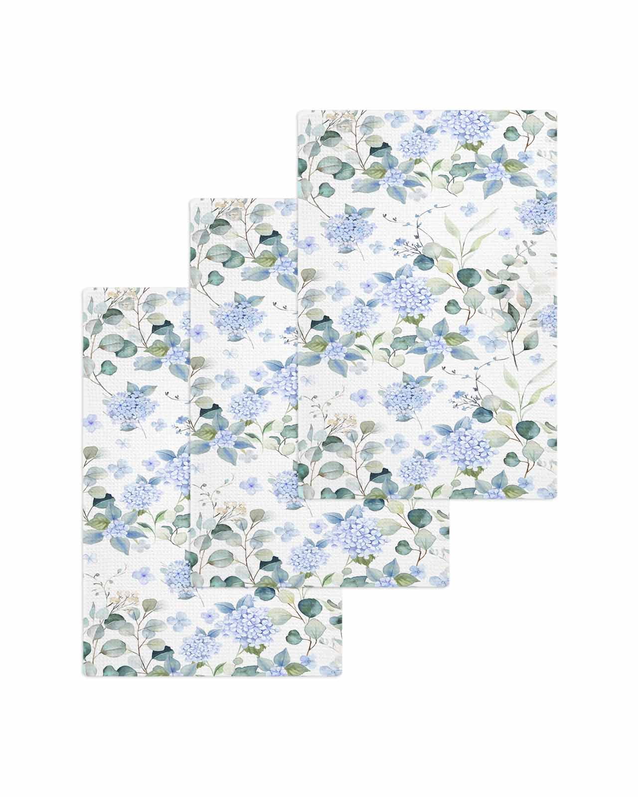 Blue Flower Kitchen Dish Towels for Drying Dishes Set of 3, Sage Green Eucalyptus Leaf Farmhouse Country Waffle Weave Microfiber Terry Hand Tea Bathroom Towels Quick Dry & Absorbent Towel 15.7x23.6