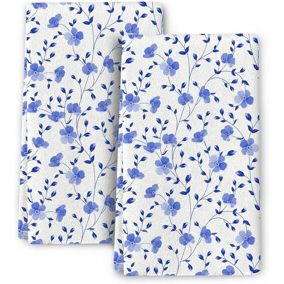 Blue Flower Kitchen Towels Decorative Set of 2,Blue Decoratice Dish Towels Hand Towels for Kitchen Home Decor 16"x24" Absorbent Drying Cloth Tea Towels for Baking