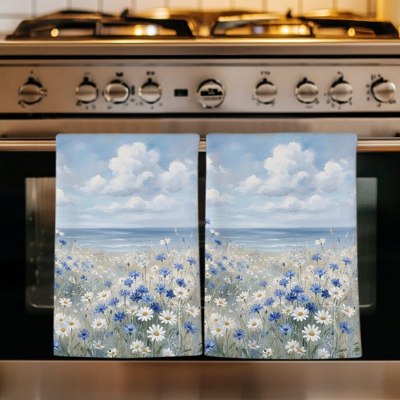 Blue Flower Kitchen Towels Set of 1, Pastoral Daisy Floral Field Seaside Scenery Absorbent Dish Towels for Kitchen, Microfiber Hand Towel, Quick Drying Tea Towel for Cleaning Decorative Dishcloths