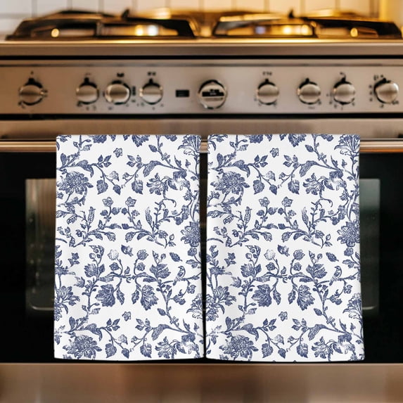 Blue Flower Kitchen Towels Set of 1, Spring Leaf Vintage Farmhouse Boho Plant Absorbent Dish Towels for Kitchen, Microfiber Hand Towel, Quick Drying Tea Towel for Cleaning Decorative Dishcloths
