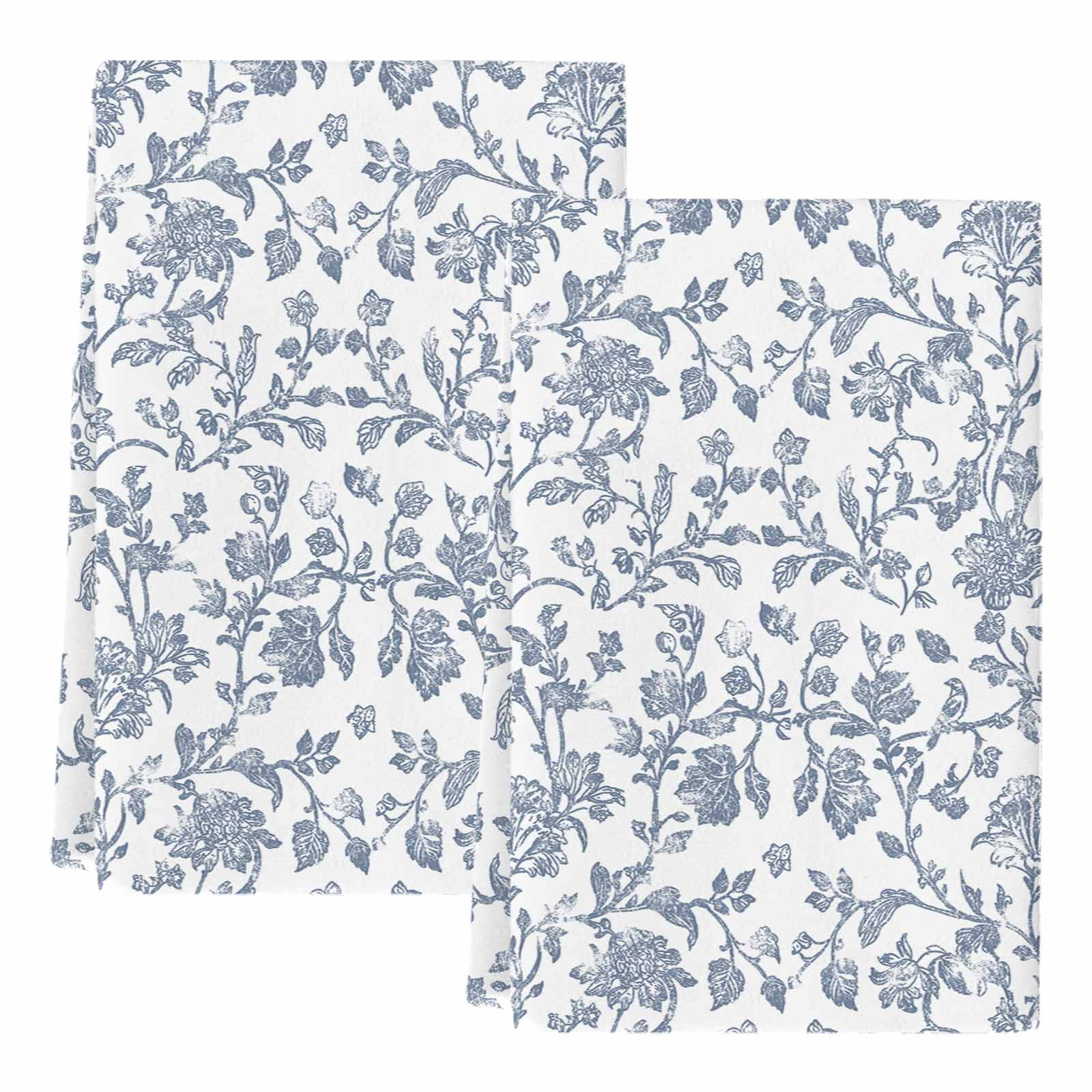 Blue Flower Kitchen Towels Set of 2, Vintage Farmhouse Boho Leaf Spring Summer Soft Microfiber Dish Towels, Absorbent Quick-Dry Washable Dishcloths for Kitchen Cleaning, Drying Dishes, 18x28 Inches
