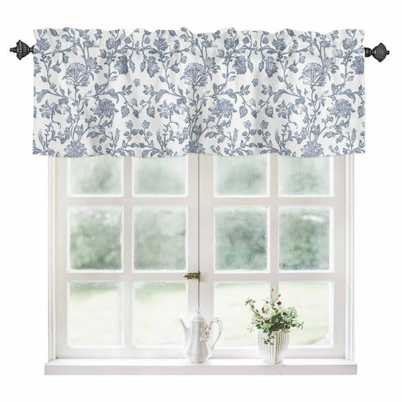 Blue Flower Kitchen Valances for Windows 60x18 Inch Kitchen Curtains Valances Rod Pocket Vintage Farmhouse Boho Leaf Spring Summer Bathroom Window Valances for Window Treatment Decor