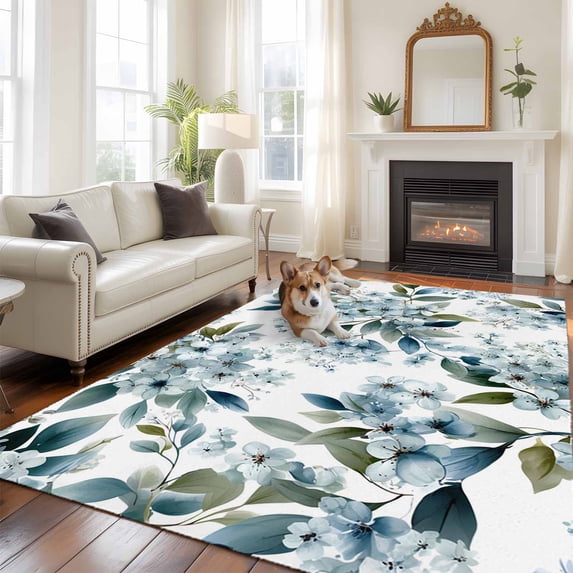 Blue Flower Large Area Rugs 8x10 ft Watercolor Spring Blue Floral Green Leaf Botanical Washable Rug Non Slip Indoor Carpet Absorbent Floor Mat for Living Room Bedroom Dining Room