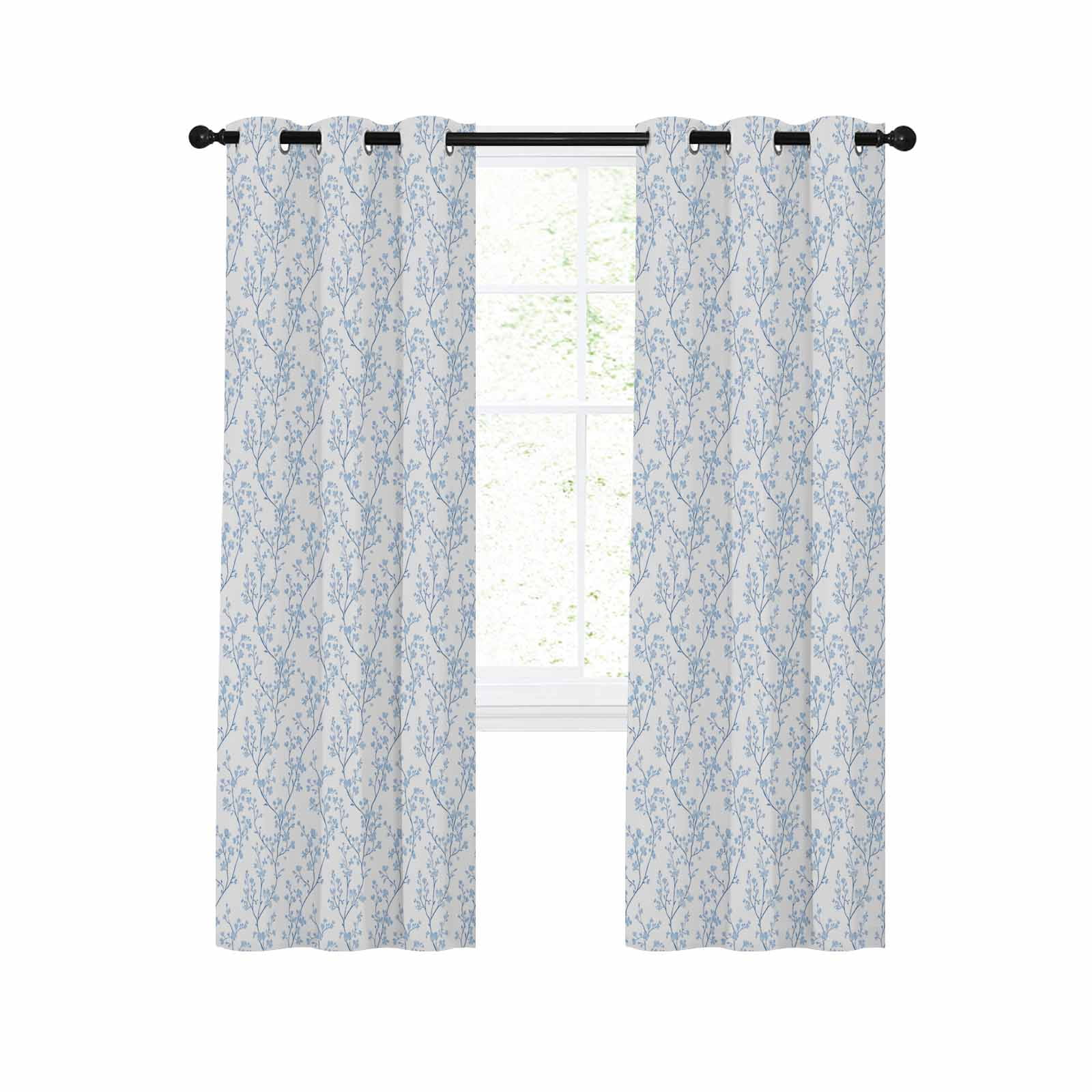 SUOUO Blue Leaf Blackout Curtains - 84 Inch Long, 2 Panels, Room Darkening Window Drapes For Bedroom & Living Room