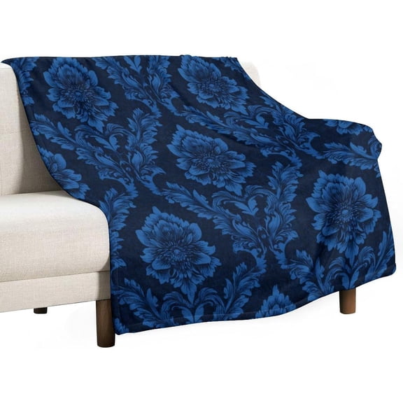 Blue Flower Leaf Pattern Flannel Throw Blanket Vintage Damask Abstract Art Ultra Soft Cozy Fleece Throw for Couch, Sofa, Bed, Room Decor 30"x40"