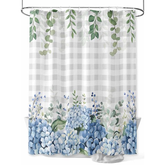 Blue Flower Long Shower Curtain Set, Waterproof Shower Curtains for Bathroom, Grey Plaid Hydrangeas Eucalyptus Leaves Washable Fabric Cloth Bath Curtain for Bathtub Decoration with Hooks 72x84 Inches