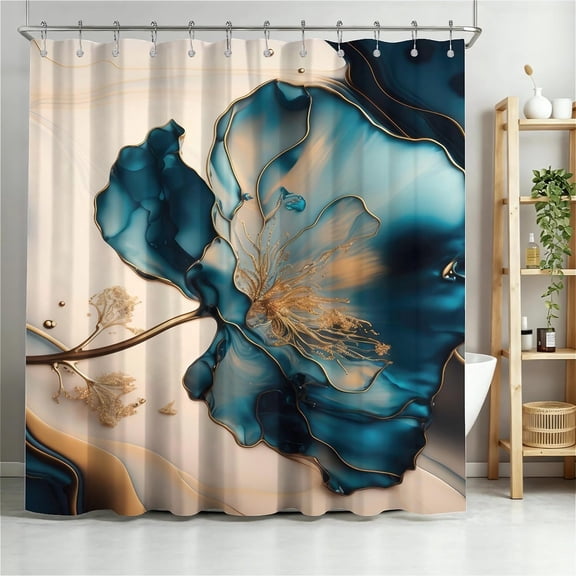 Blue Flower Marble Shower Curtain for Bathroom, Water-Resistant Long Shower Curtain Set with Plastic Hooks-72"W x 72"L (Pack of 1)