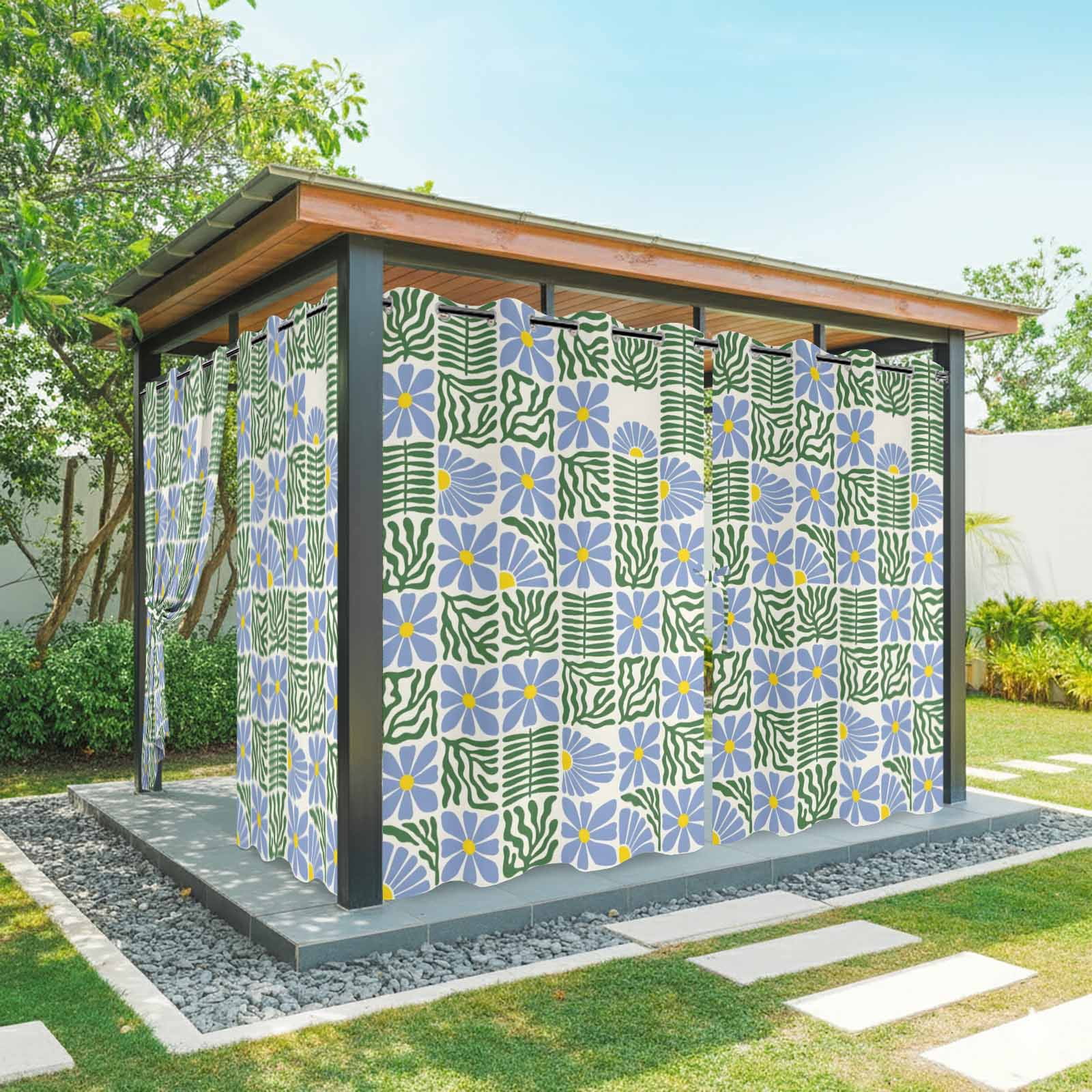 Blue Flower Outdoor Curtains for Patio, Green Curve Abstract Floral Plaid Daisy Modern Sunshade Privacy Drapes Grommet Waterproof Outside Curtains for Porch/Cabana/Balcony 54"x 108", 1 Panel