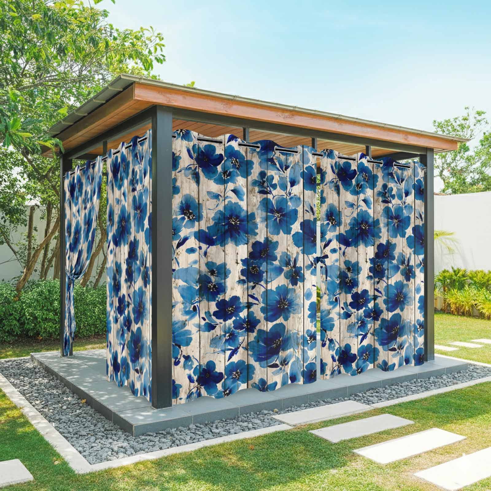Blue Flower Outdoor Curtains for Patio, Watercolor Floral Vintage Wood Striped Country Sunshade Privacy Drapes Grommet Waterproof Outside Curtains for Porch/Cabana/Balcony 54"x 108", 1 Panel