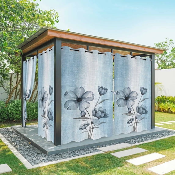 Blue Flower Outdoor Curtains for Patio Waterproof,Windproof Privacy Curtains with Weighted Bottom,Retro Gradient Texture Painting Plant Leaf Outside Drapes for Picnic Garage Yard 54"x108" 2 Panel
