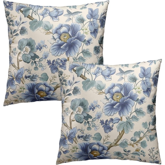 Blue Flower Outdoor Pillows Cover 16x16 Inch Pack of 2 Blue and Beige Chinoiserie Floral Decorative Pillow Case Spring Summer Square Cotton Throw Couch Protector for Home Sofa Porch Bed