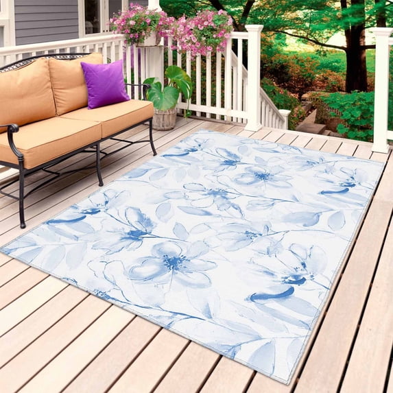 Blue Flower Outdoor Rug 3x5 Ft, Non Slip Washable Area Rug, Watercolor Floral Botanical Line Drawing Print Patio Rugs Carpet Runner, Large Floor Mat for Indoor/Outdoor Deck Porch Camping