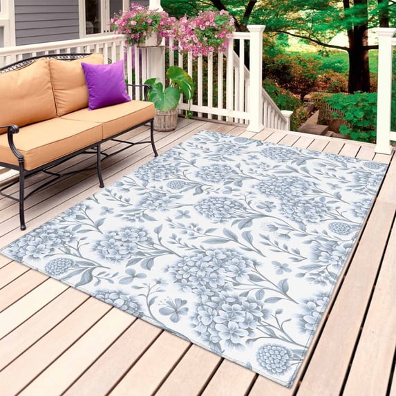 Blue Flower Outdoor Rug for Patio/Deck/Porch, Non-Slip Large Area Rug 4 x 6 Ft, Botanical Floral Vintage Wildflower Leaf Indoor Outdoor Rugs Washable Area Rugs, Reversible Camping Rug Carpet Runner