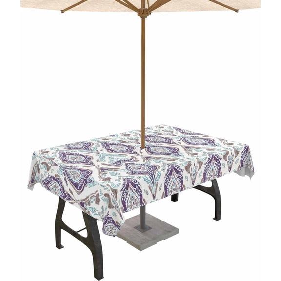 Blue Flower Outdoor Tablecloth with Umbrella Hole Rectangle,Purple Vintage Moroccan Country Floral Waterproof Table Cloth Washable Wipeable Cover Spill Proof for Patio Spring Summer Picnic BBQ 60x84