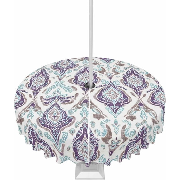 Blue Flower Outdoor Tablecloth with Umbrella Hole Round, Purple Vintage Moroccan Country Floral Waterproof Table Cloth Washable Wipeable Cover Spill Proof for Patio Spring Summer Picnic BBQ 60"