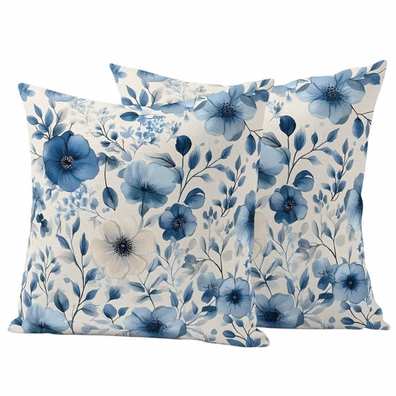 Blue Flower Outdoor Waterproof Pillow Covers, Spring Cottagecore Blooms Botanica Floral Decorative Square Throw Pillowcase Sofa Cushion Sham for Patio/Couch/Chair, 24"x24" 2 Pack