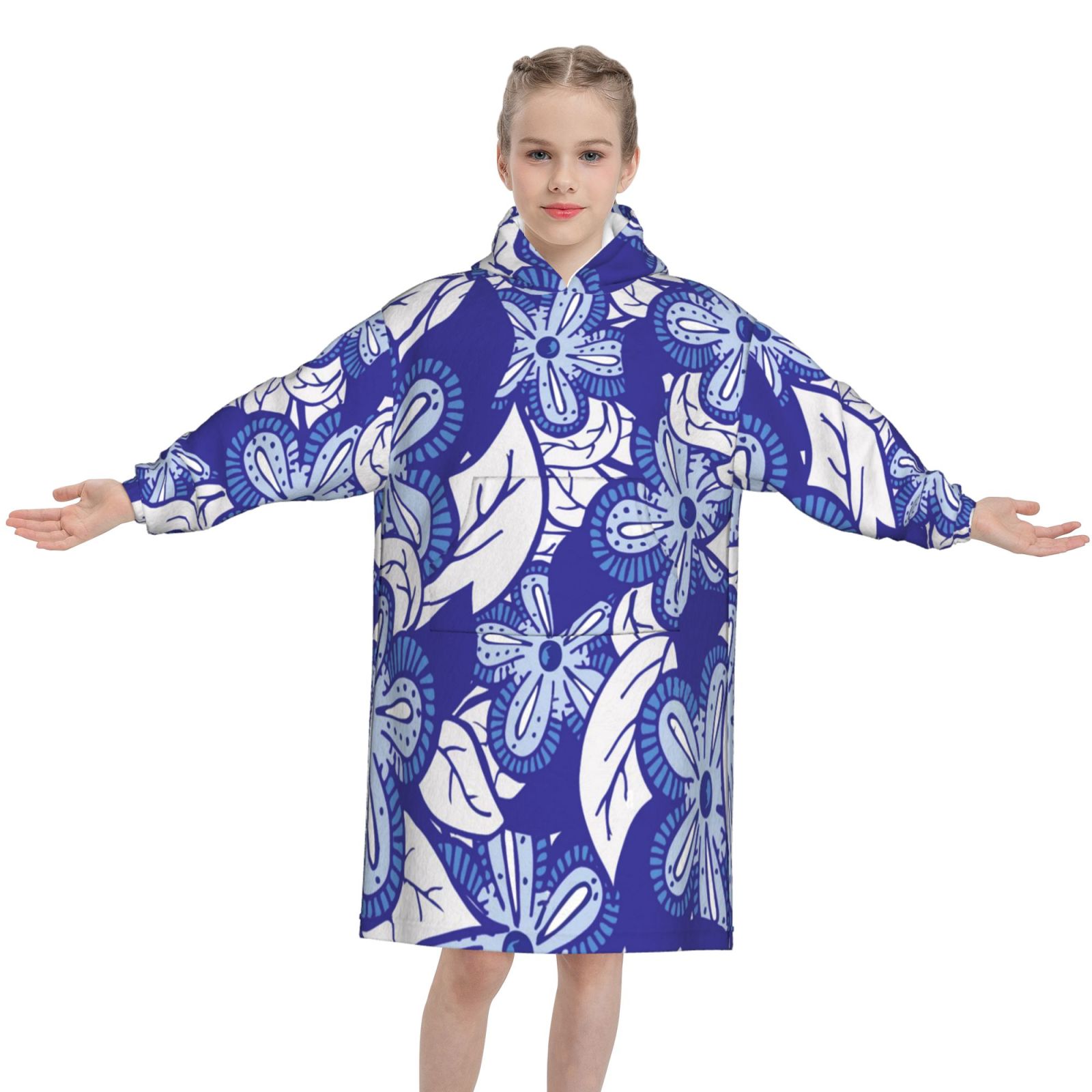 Blue Flower Oversized Blanket Hoodie Wearable Blanket Hoodie For Kids