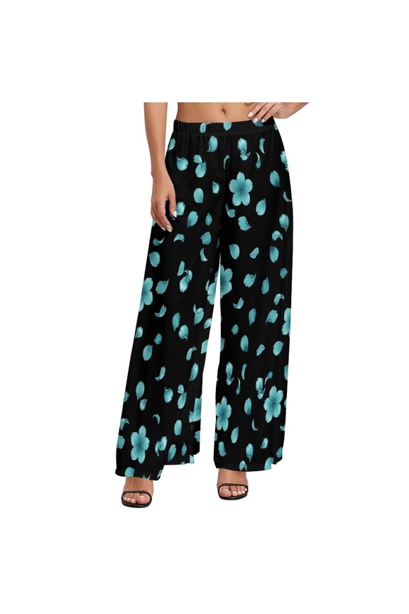 Blue Flower Pants Elastic Waist Floral Print Casual Trousers Street Style Graphic Wide Leg Pants