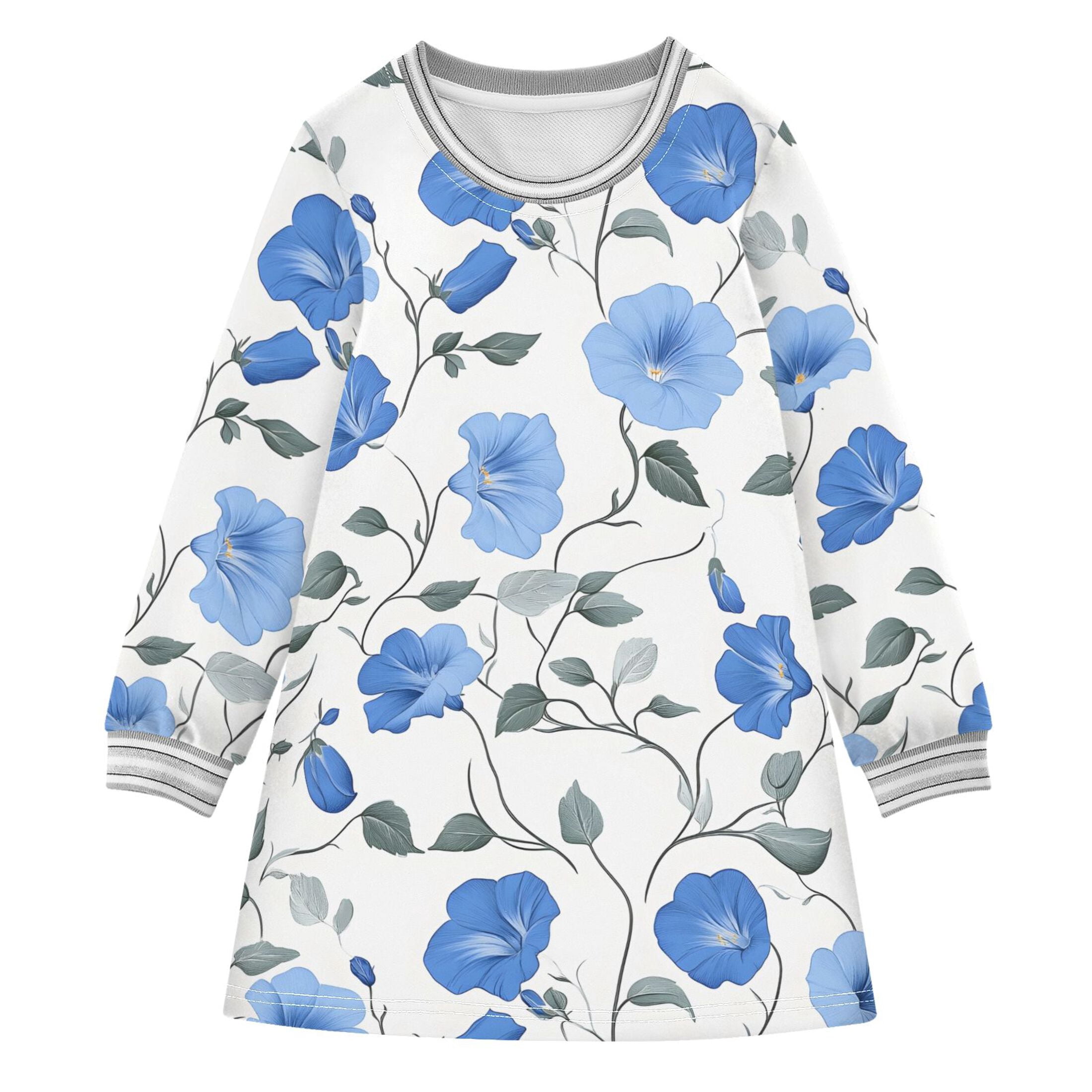 Blue Flower Pattern Girls'long-sleeved dress Thickened A-dress Warm ...