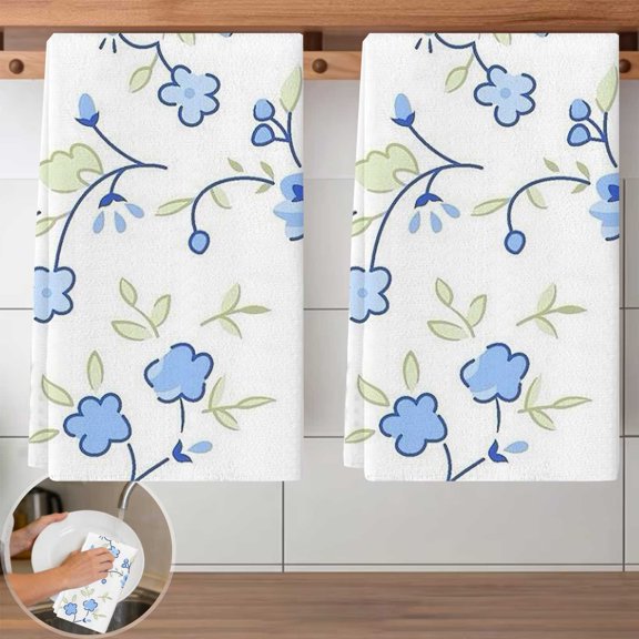 Blue Flower Pattern Kitchen Dish Cloth - 2 Piece Set, 40x60cm Reusable & Absorbent Cleaning Towels, Durable Dish Wipes for Kitchen, Bathroom, Household Cleaning Needs