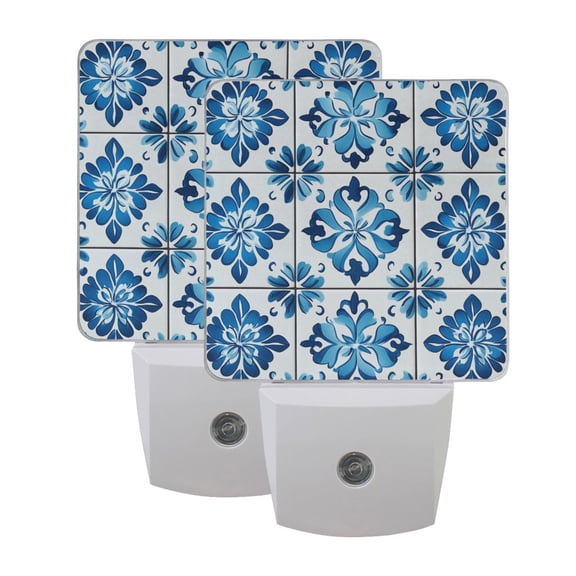 Blue Flower Patterned Tile LED Night Light with Smart Sensor Plug Into Wall Dusk to Dawn 2 packs
