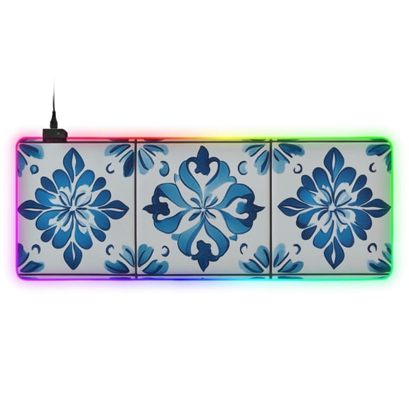 Blue Flower Patterned Tile RGB Gaming Mouse Pad Large Keyboard Mat Rubber Base 13 Light Modes