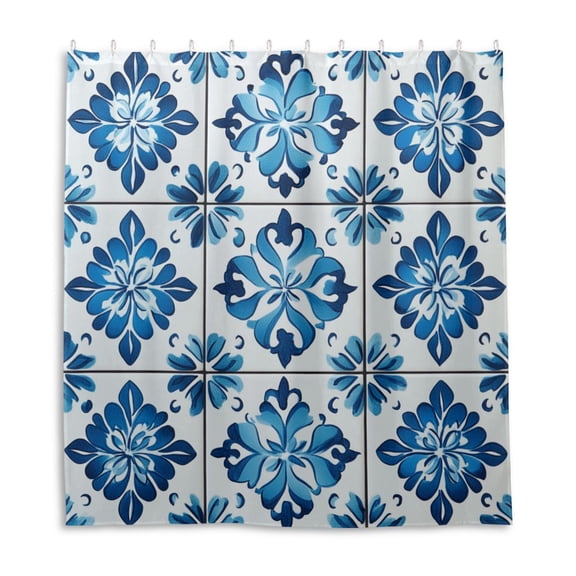 Blue Flower Patterned Tile Shower Curtain Liner 66x72 Inch Waterproof Shower Curtains Decorative Bathroom with 12 Pack Hooks
