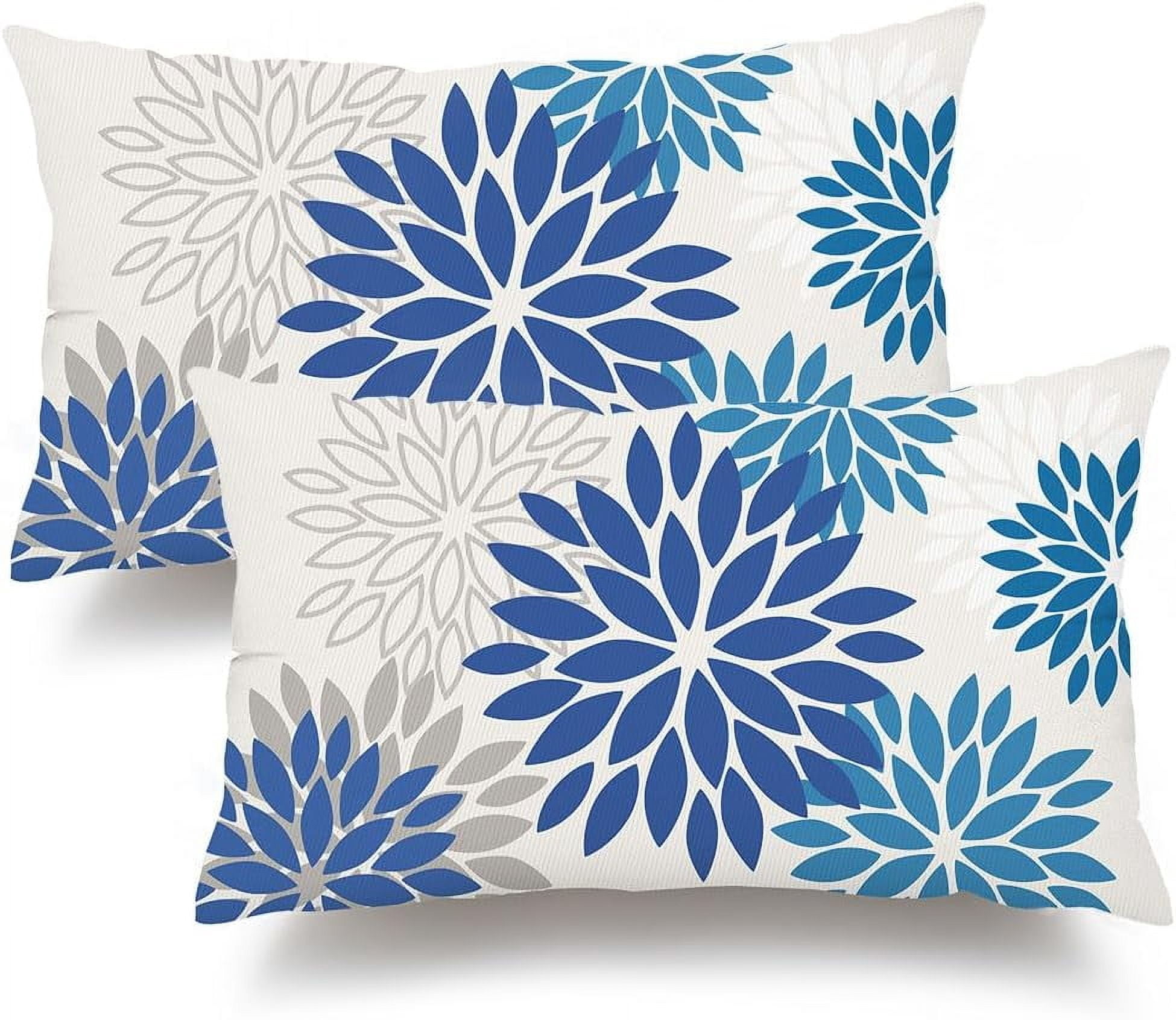 Blue Flower Pillow Covers 12x20 Inch Set of 2 Dark and Light Blue Colored Pillow Outdoor Waterproof Decor for Patio Funiture Garden Summer Floral Square Polyester pillowcovers 002E12