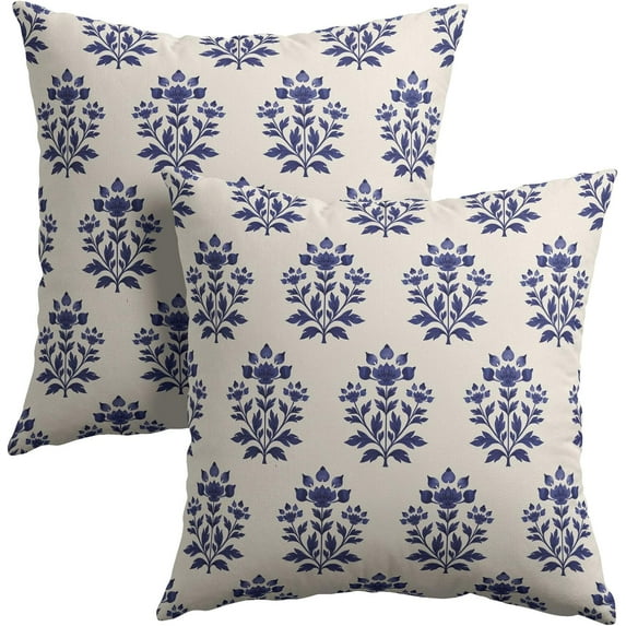 Blue Flower Pillow Covers 16x16 Inches Block Print Blue Vintage Farmhouse Boho Floral Throw Pillow Case Set of 2 Pillow Cover Cotton Linen Cushion Cover for Home Couch Sofa Bedroom Livingroom