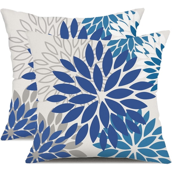 Blue Flower Pillow Covers 20x20 Inch Set of 2 Dark and Light Blue Colored Pillow Farmhouse Outdoor Waterproof Decor for Patio Funiture Garden Summer Floral Square Polyester Pillow Covers 002E20