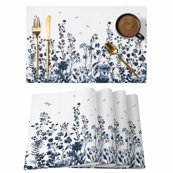 Blue Flower Placemats Set of 1, Dragonfly Leaf Bud Ink Style Plant Nature Non-Slip Place Mats Washable Table Mats for Kitchen Dining Table Decorations Indoor/Outdoor
