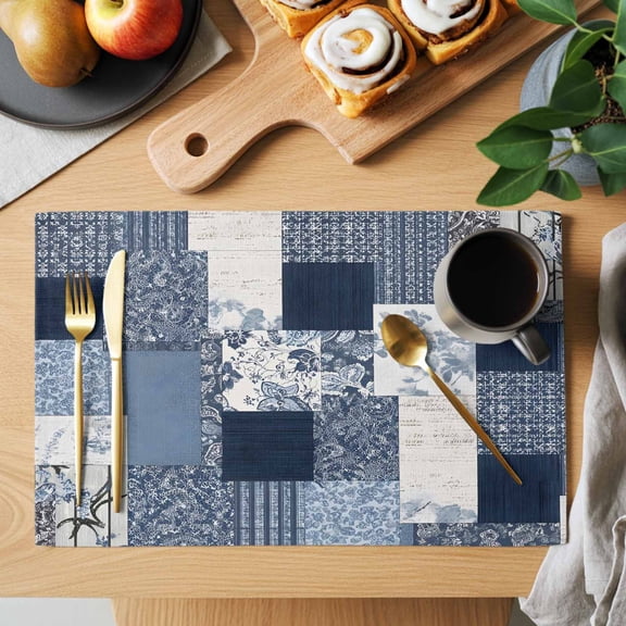 Blue Flower Placemats Set of 1, Retro Watercolor Blue Beige Floral Patchwork Heat Insulated Linen Place Mats, Washable Stain-Proof Table Mats for Dining Tables Holiday Decor 13x19 Inches