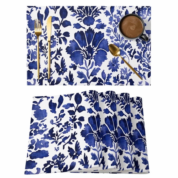 Blue Flower Placemats Set of 1, Spring Abstract Floral Leaf Vintage Watercolor Non-Slip Place Mats Washable Table Mats for Kitchen Dining Table Decorations Indoor/Outdoor