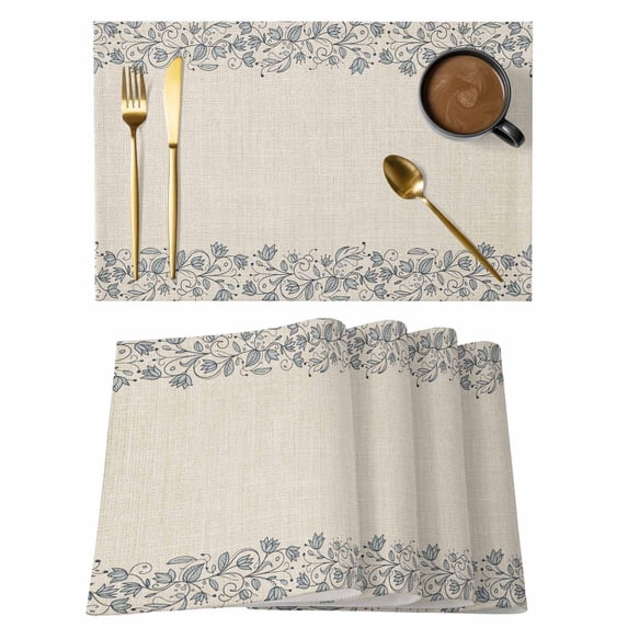 Blue Flower Placemats Set of 12, Spring Farmhouse Country Floral Plant Beige Placemats for Dining Table, Place Mats for Kitchen Tabletop, Waterproof Wipeable Dining Table Mats Set