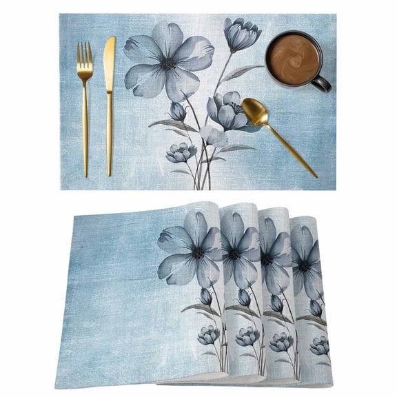 Blue Flower Placemats Set of 2, Cotton Linen Fabric Place Mats, Retro Gradient Texture Painting Plant Leaf Washable Decorative Table Mats Protector for Home Kitchen Dining Wedding Party Coffee Tables