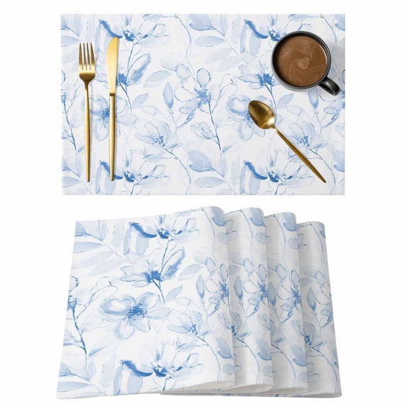 Blue Flower Placemats Set of 4, Watercolor Floral Botanical Line Drawing Print Placemats for Dining Table, Place Mats for Kitchen Tabletop, Waterproof Wipeable Dining Table Mats Set