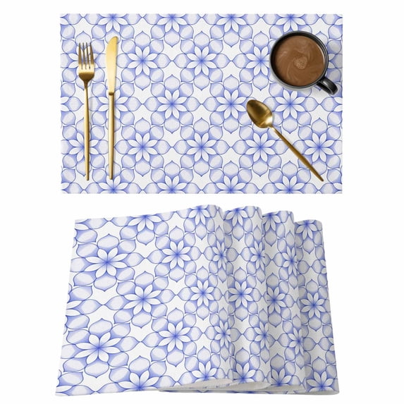 Blue Flower Placemats Set of 6, Retro Tribal Art Abstract Monochrome Texture Placemats for Dining Table, Place Mats for Kitchen Tabletop, Waterproof Wipeable Dining Table Mats Set